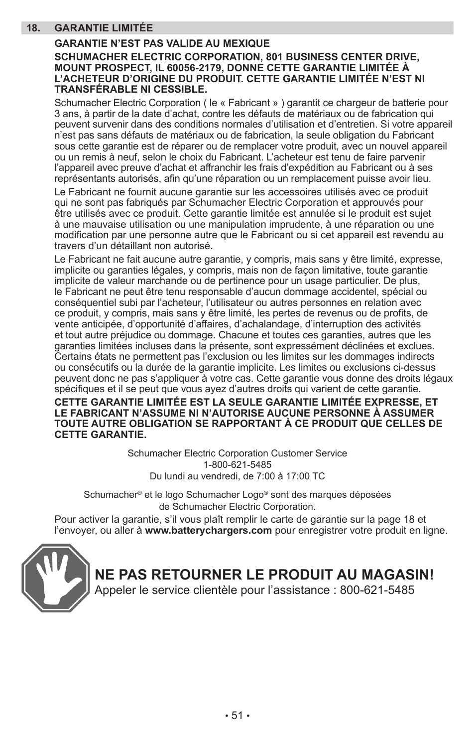 Ne pas retourner le produit au magasin | Schumacher Proseries Manual PSW-22 User Manual | Page 51 / 51