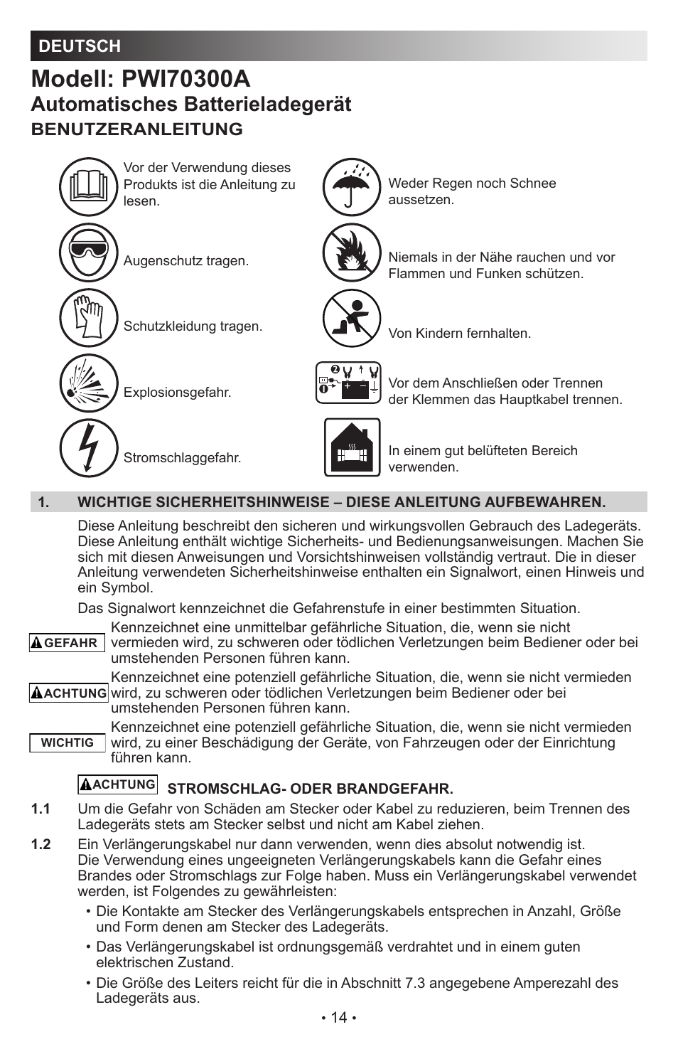 Automatisches batterieladegerät, Deutsch, Benutzeranleitung | Schumacher Automatic PWI70300A User Manual | Page 14 / 56