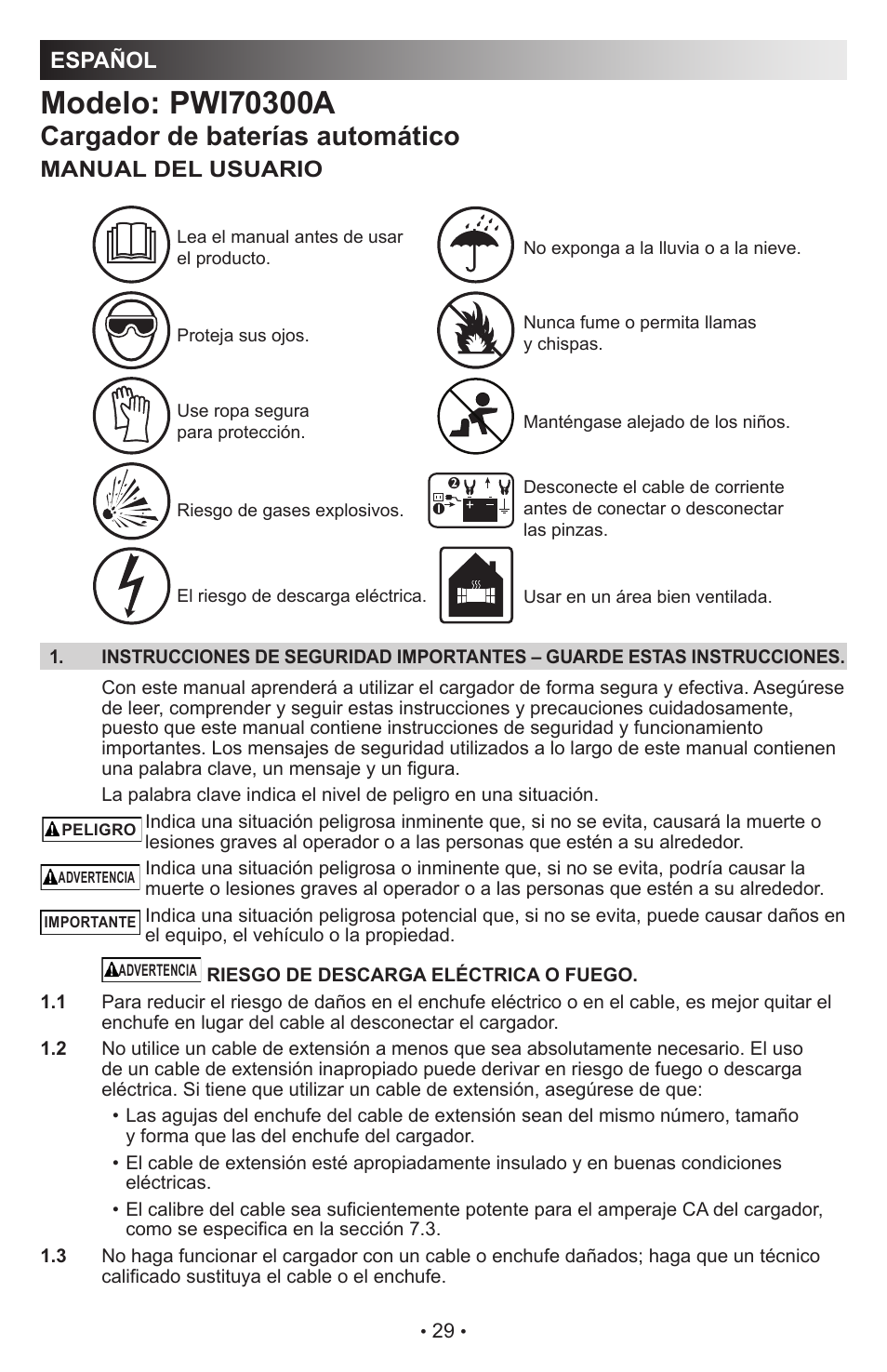 Cargador de baterías automático, Español, Manual del usuario | Schumacher Automatic PWI70300A User Manual | Page 29 / 56