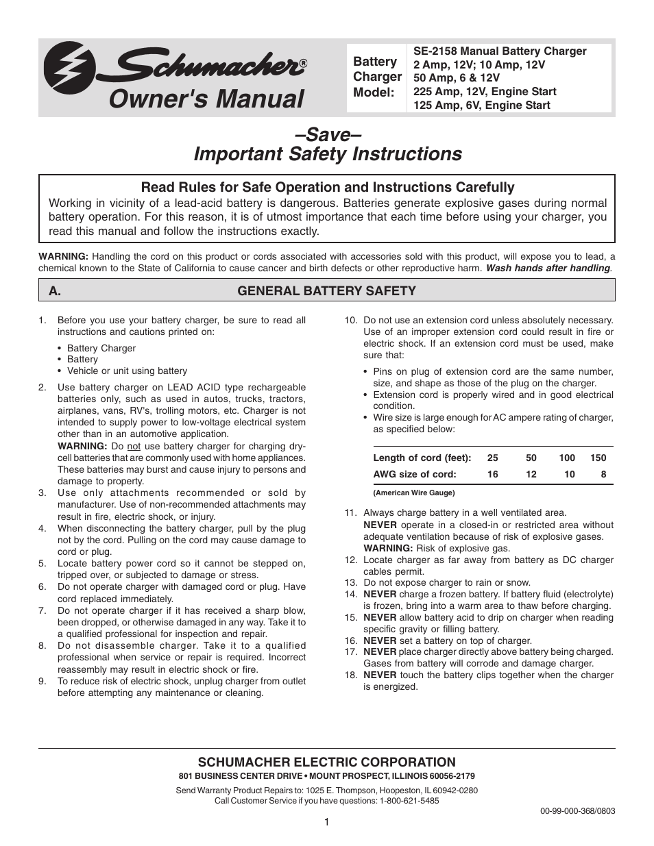 Schumacher SE-2158 User Manual | 8 pages