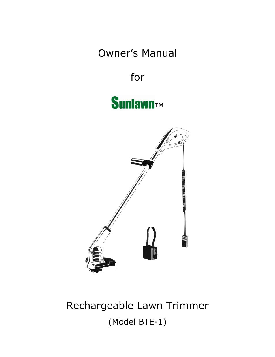 Sun Lawn RECHARGEABLE LAWN TRIMMER BTE-1 User Manual | 16 pages