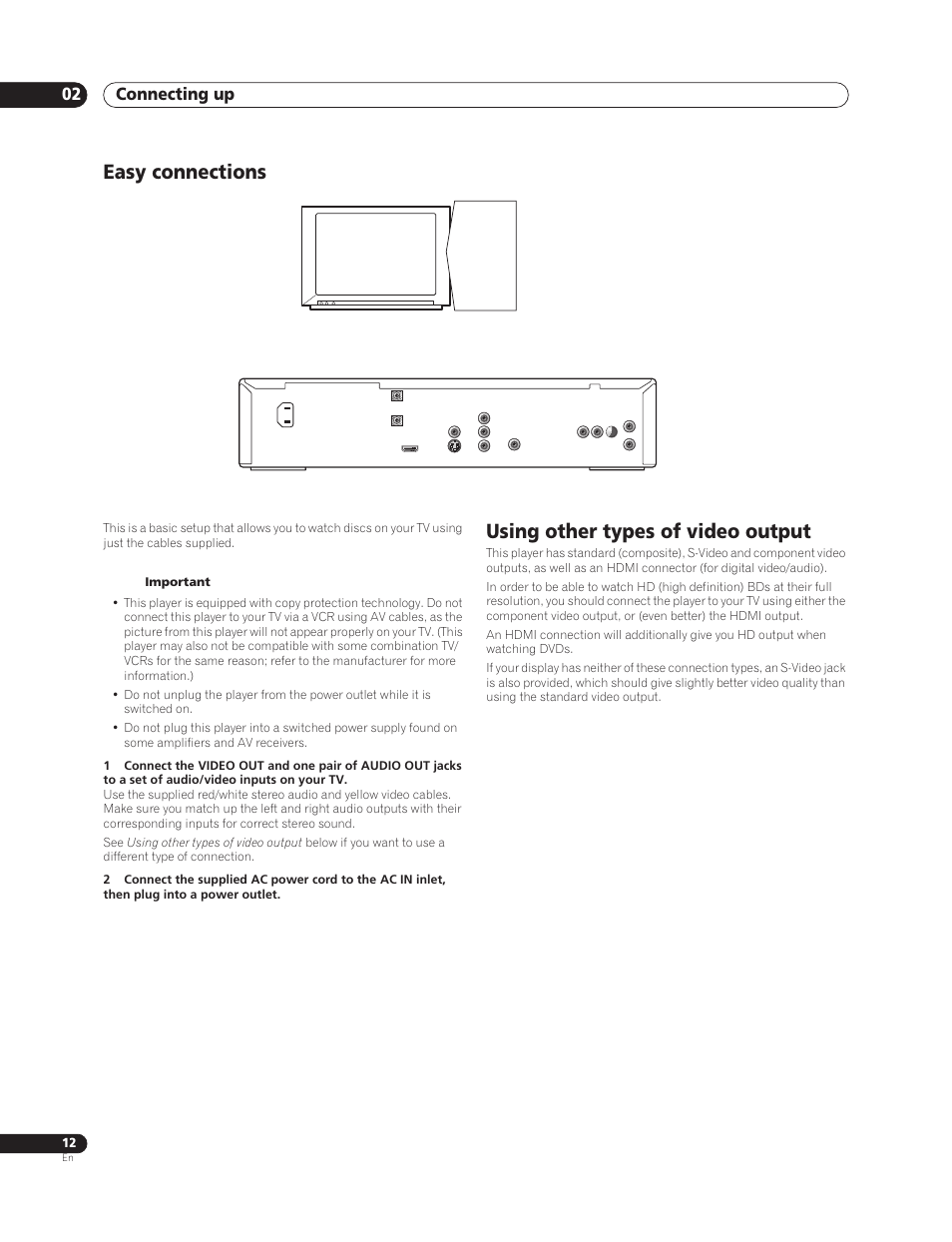 Easy connections, Using other types of video output, Connecting up 02 | Sun Lawn BDP-HD1 User Manual | Page 12 / 64