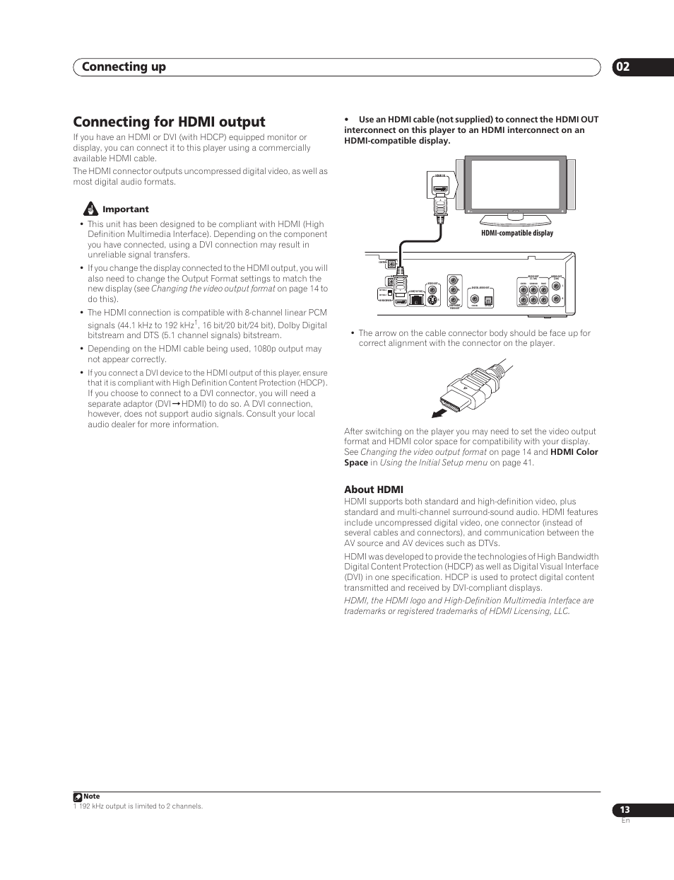 Connecting for hdmi output, Connecting up 02, About hdmi | Sun Lawn BDP-HD1 User Manual | Page 13 / 64