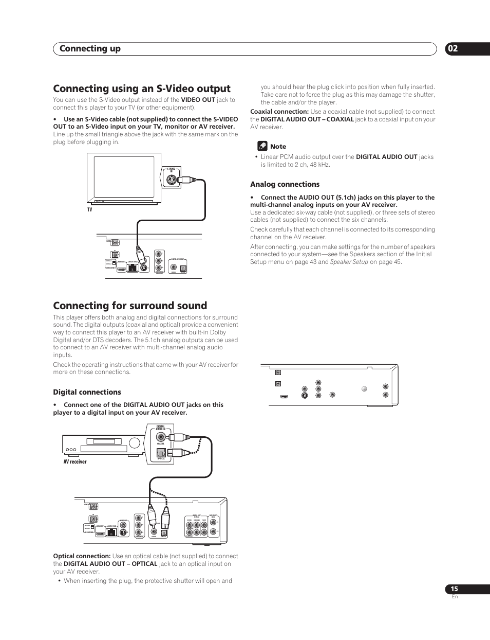 Connecting using an s-video output, Connecting for surround sound, Connecting up 02 | Digital connections, Analog connections, Av receiver | Sun Lawn BDP-HD1 User Manual | Page 15 / 64