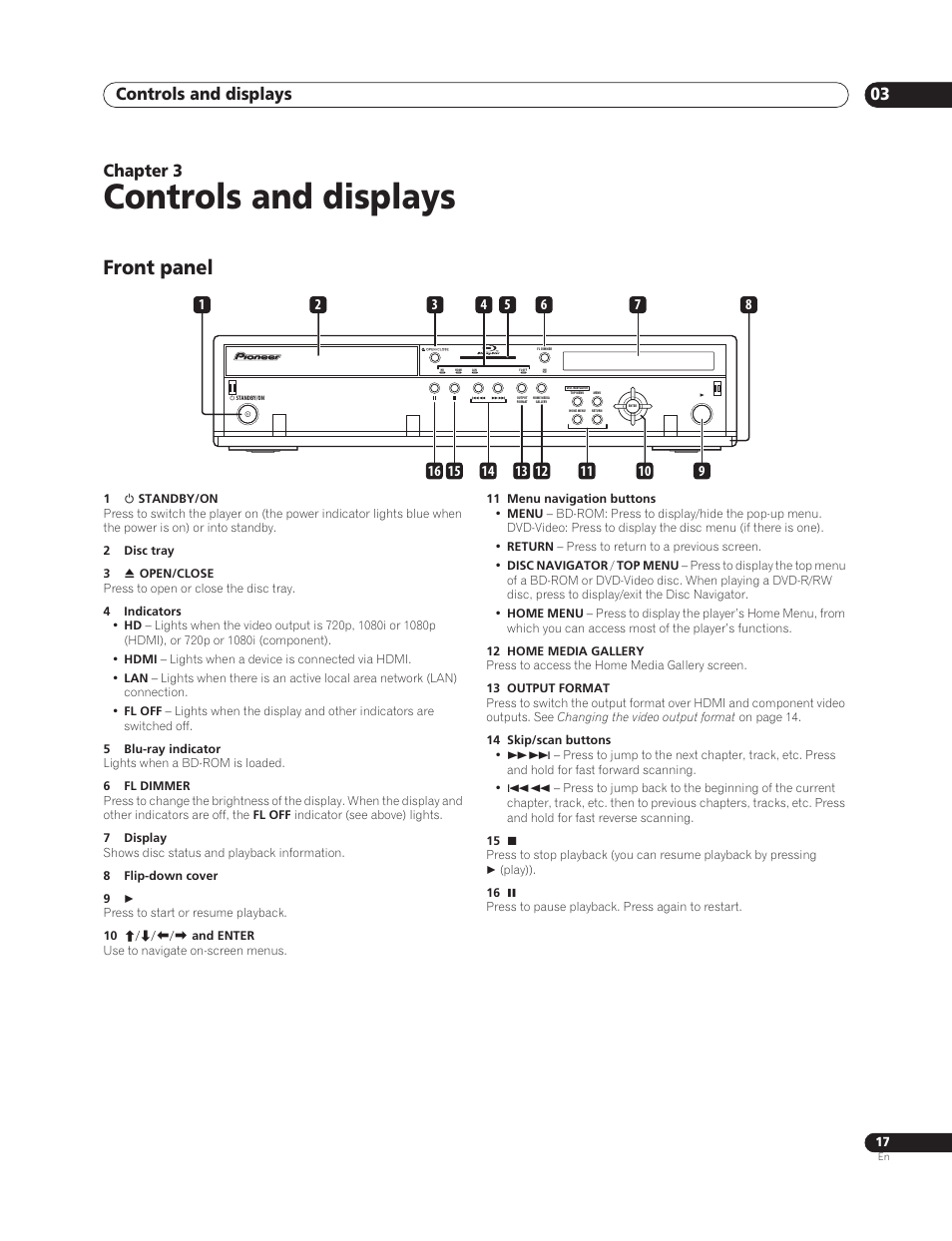 03 controls and displays, Front panel, Controls and displays | Controls and displays 03, Chapter 3 | Sun Lawn BDP-HD1 User Manual | Page 17 / 64