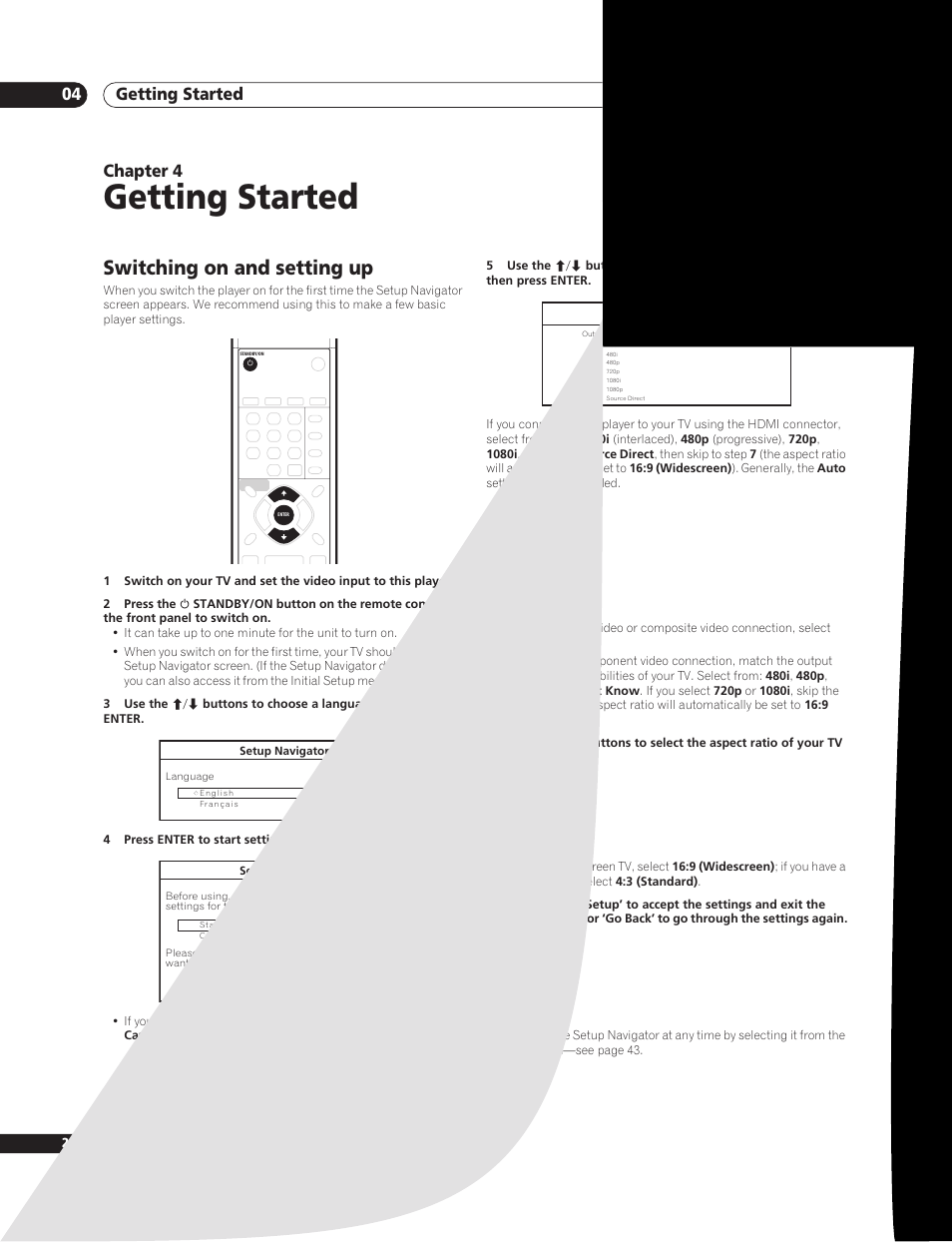 04 getting started, Switching on and setting up, Getting started | Getting started 04, Chapter 4 | Sun Lawn BDP-HD1 User Manual | Page 20 / 64