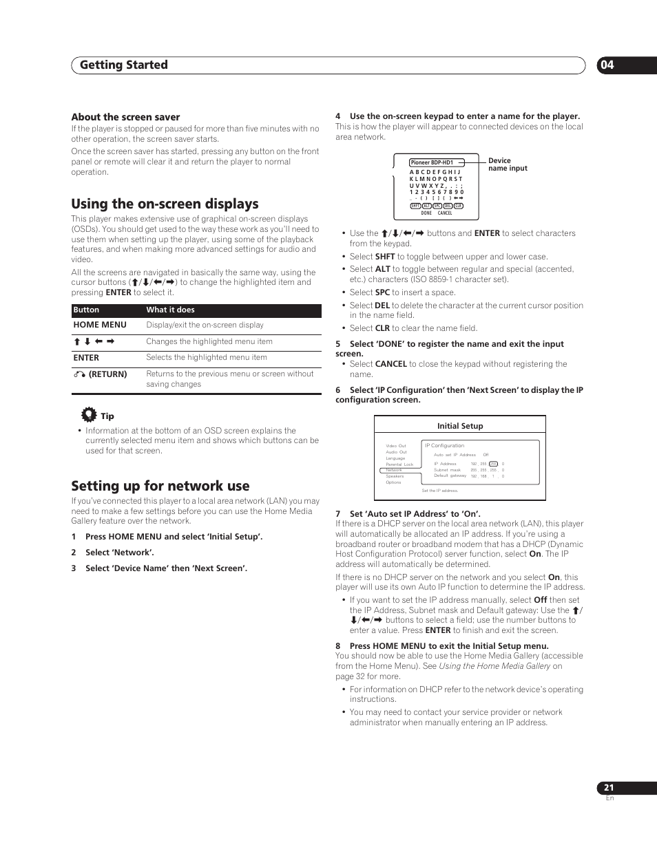 Using the on-screen displays, Setting up for network use, Getting started 04 | About the screen saver | Sun Lawn BDP-HD1 User Manual | Page 21 / 64