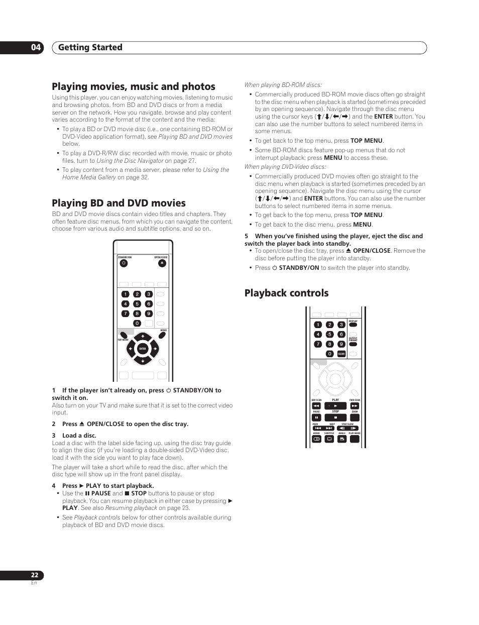 Playing movies, music and photos, Playing bd and dvd movies, Playback controls | Getting started 04 | Sun Lawn BDP-HD1 User Manual | Page 22 / 64
