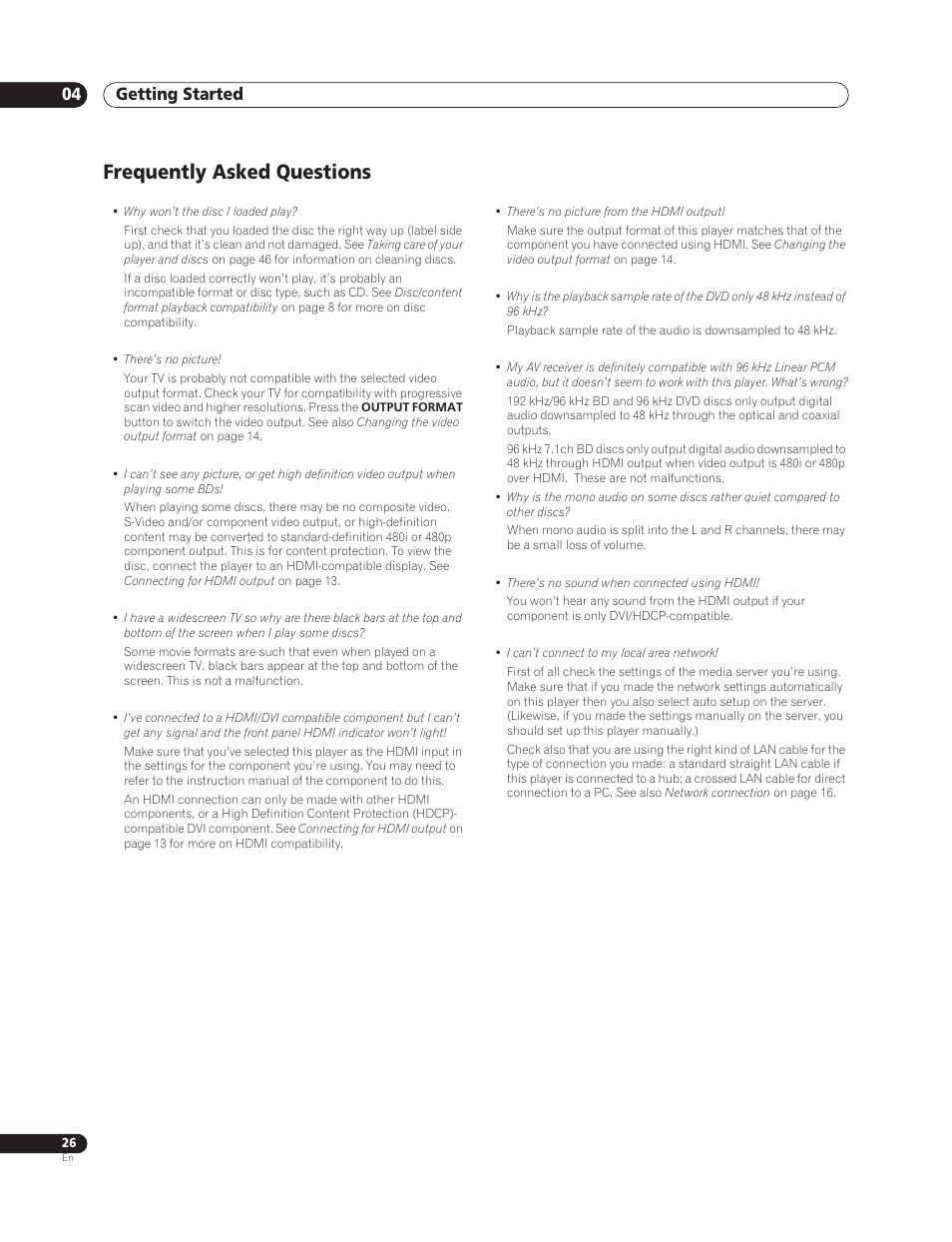 Frequently asked questions, Getting started 04 | Sun Lawn BDP-HD1 User Manual | Page 26 / 64