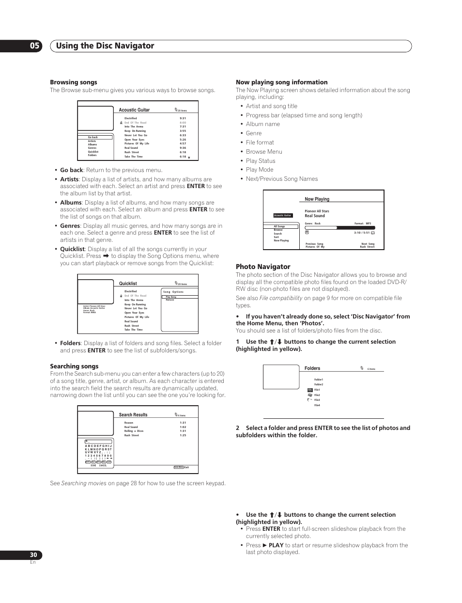 Using the disc navigator 05, Photo navigator, Browsing songs | Searching songs, Now playing song information | Sun Lawn BDP-HD1 User Manual | Page 30 / 64
