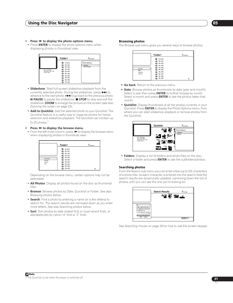 Using the disc navigator 05, Browsing photos, Searching photos | Sun Lawn BDP-HD1 User Manual | Page 31 / 64