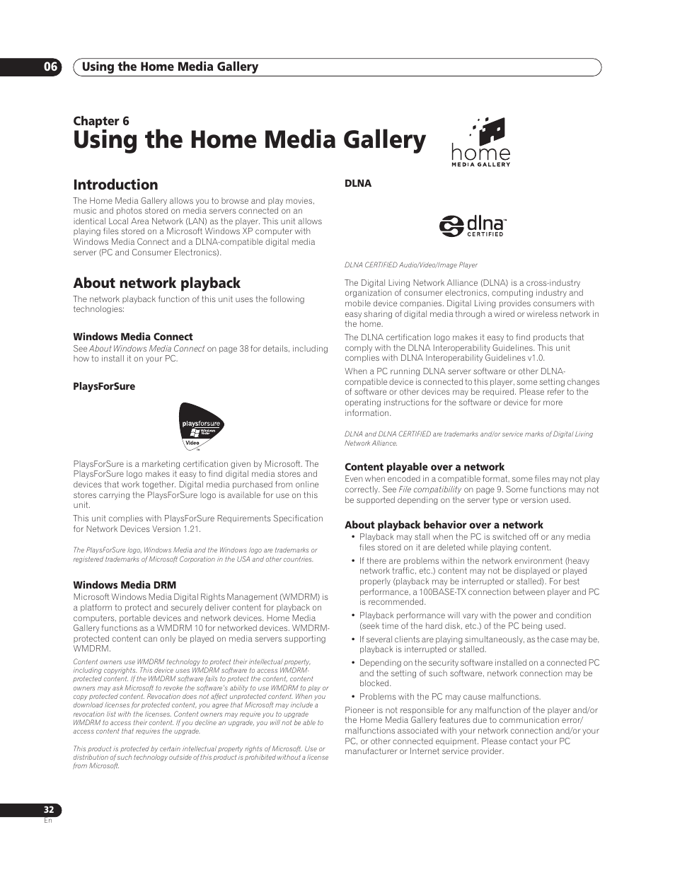 06 using the home media gallery, Introduction, About network playback | Using the home media gallery, Using the home media gallery 06, Chapter 6 | Sun Lawn BDP-HD1 User Manual | Page 32 / 64