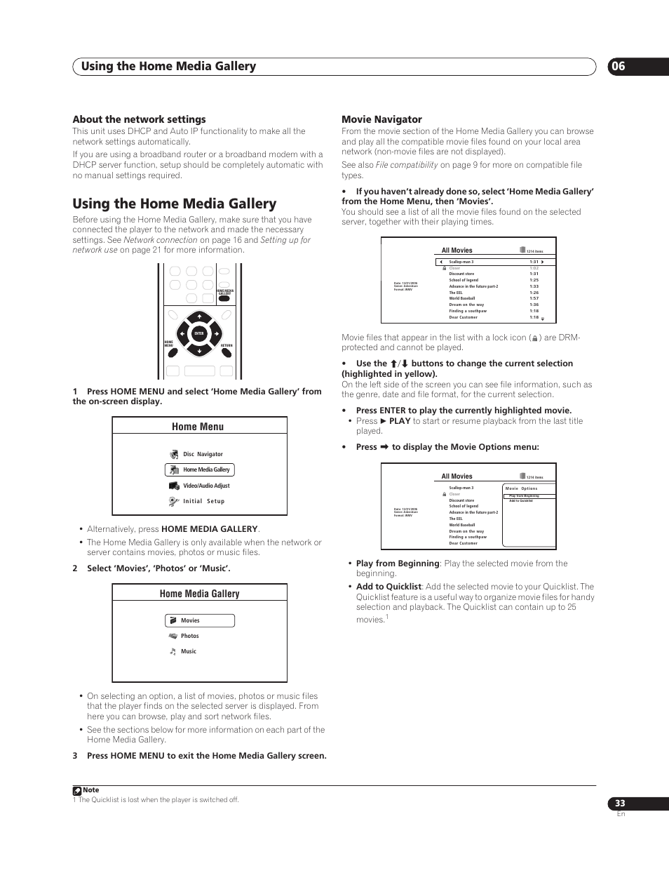 Using the home media gallery, Using the home media gallery 06, About the network settings | Movie navigator, Home menu, Home media gallery | Sun Lawn BDP-HD1 User Manual | Page 33 / 64