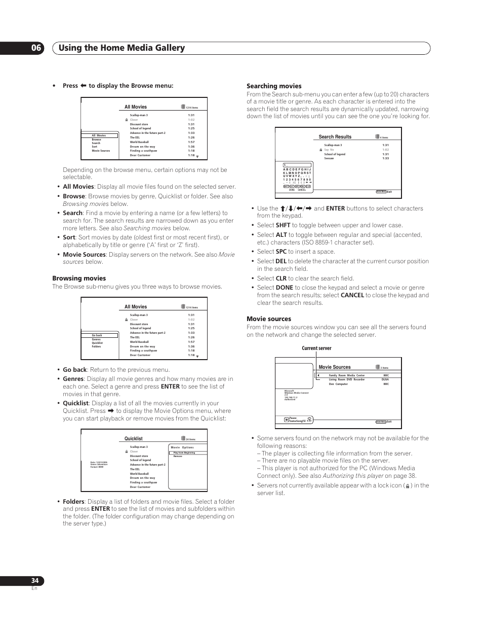 Using the home media gallery 06, Browsing movies, Searching movies | Movie sources | Sun Lawn BDP-HD1 User Manual | Page 34 / 64