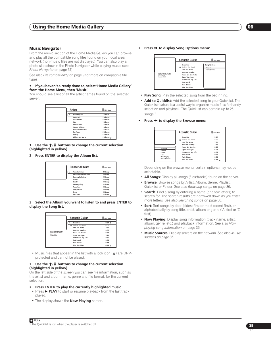 Using the home media gallery 06, Music navigator | Sun Lawn BDP-HD1 User Manual | Page 35 / 64
