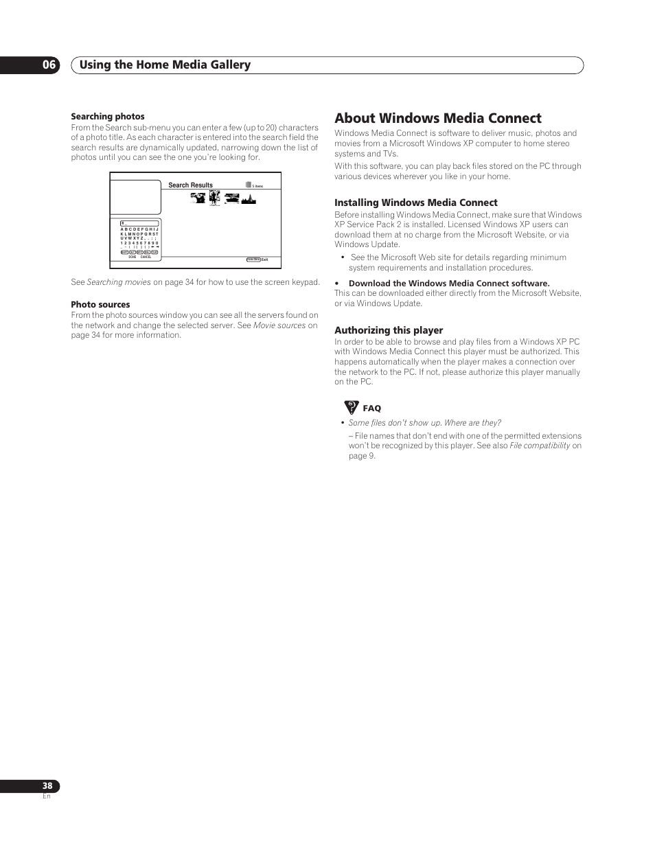 About windows media connect, Using the home media gallery 06, Installing windows media connect | Authorizing this player | Sun Lawn BDP-HD1 User Manual | Page 38 / 64