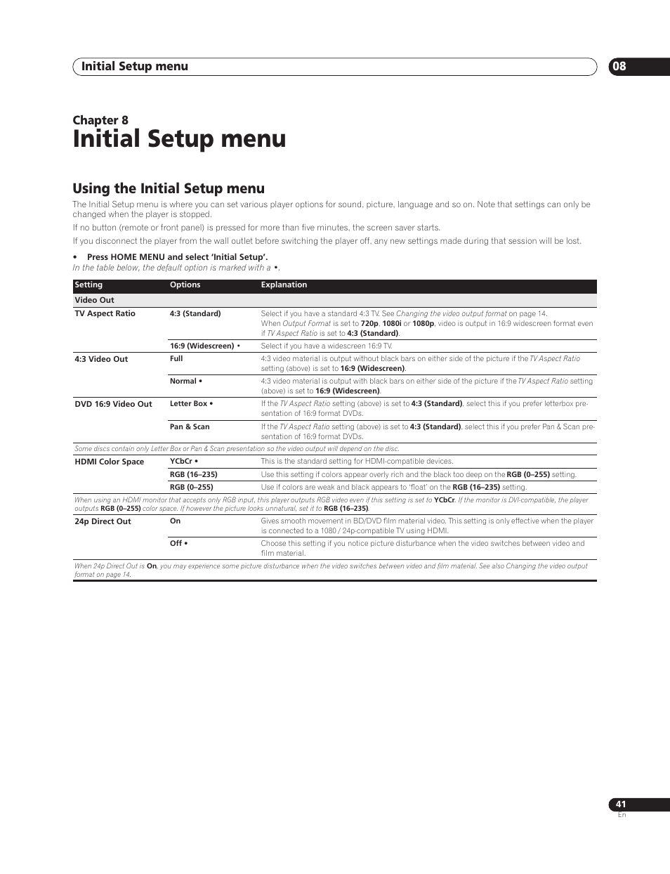 08 initial setup menu, Using the initial setup menu, Initial setup menu | Initial setup menu 08, Chapter 8 | Sun Lawn BDP-HD1 User Manual | Page 41 / 64