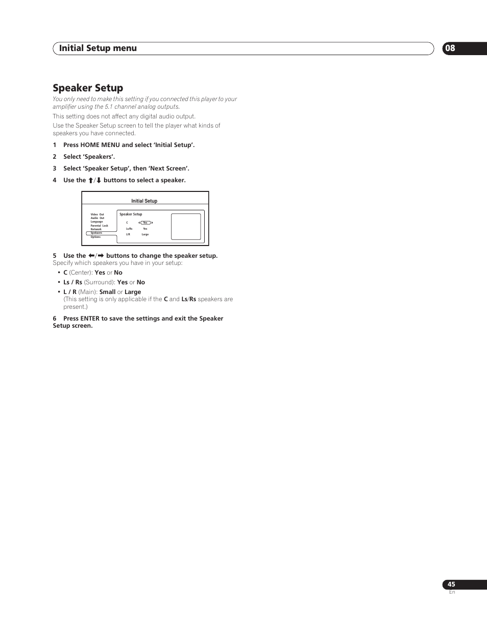 Speaker setup, Initial setup menu 08 | Sun Lawn BDP-HD1 User Manual | Page 45 / 64