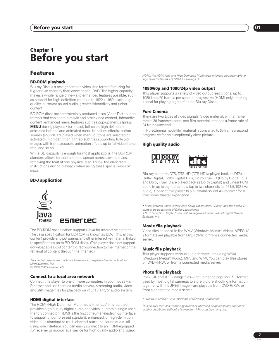 01 before you start, Features, Before you start | Before you start 01, Chapter 1 | Sun Lawn BDP-HD1 User Manual | Page 7 / 64