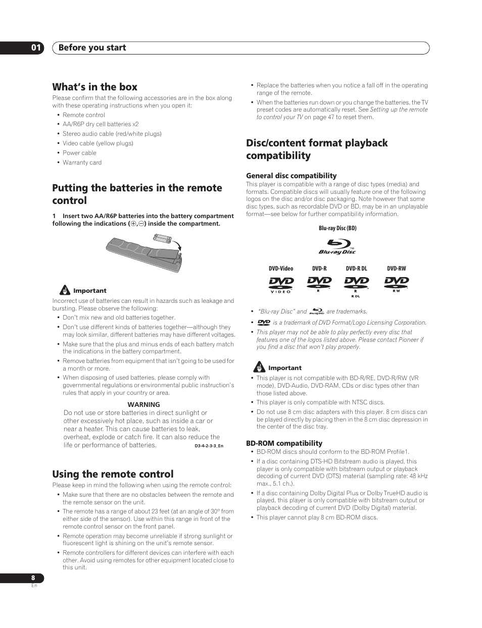 What’s in the box, Putting the batteries in the remote control, Using the remote control | Disc/content format playback compatibility, Before you start 01 | Sun Lawn BDP-HD1 User Manual | Page 8 / 64