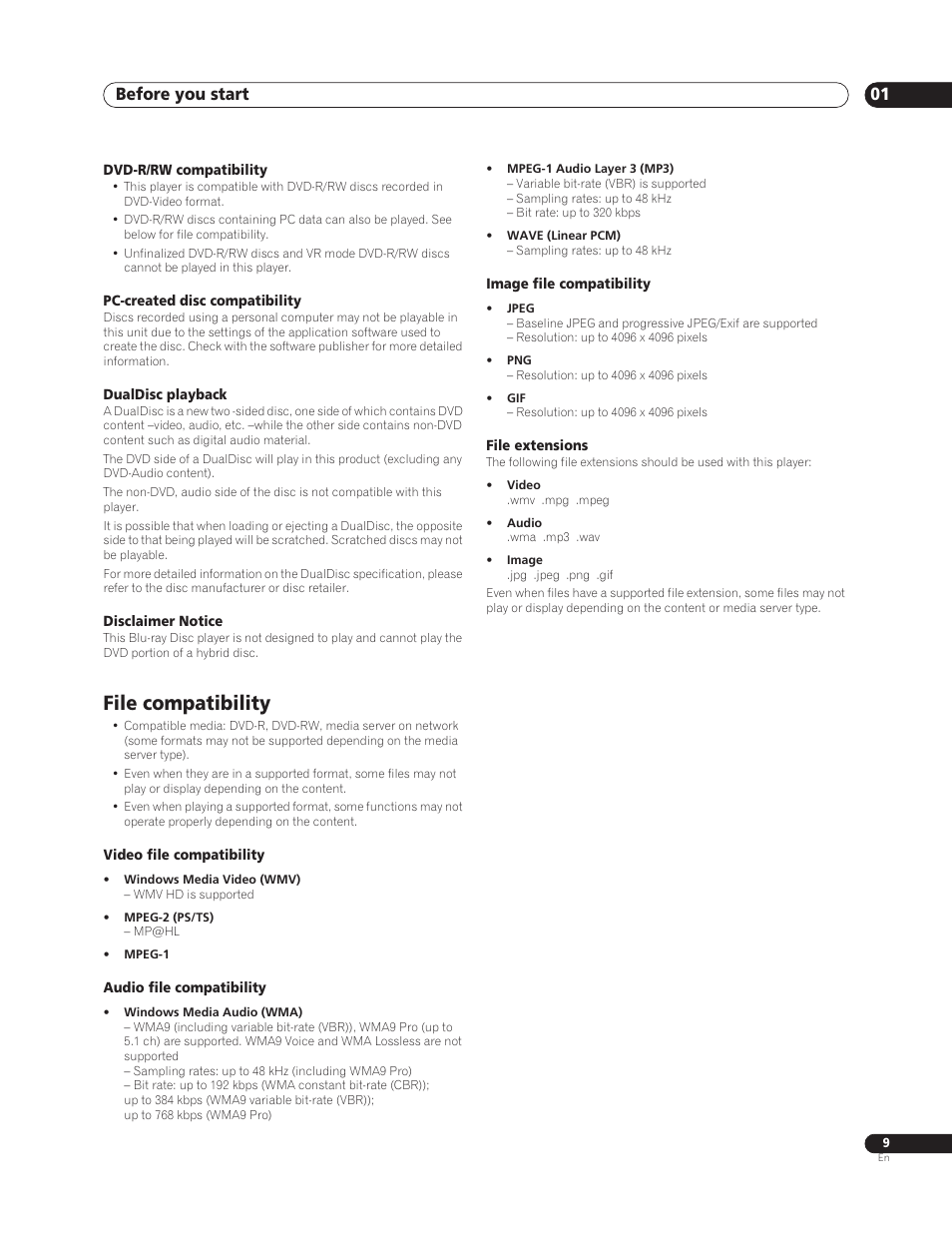 File compatibility, Before you start 01 | Sun Lawn BDP-HD1 User Manual | Page 9 / 64
