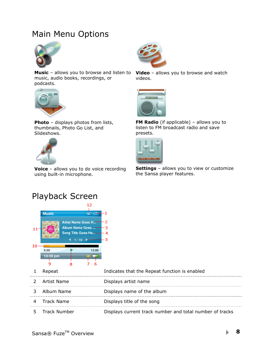 Main menu options, Playback screen | SanDisk Fuze User Manual | Page 10 / 38