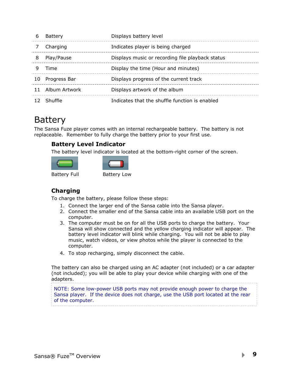 Battery | SanDisk Fuze User Manual | Page 11 / 38