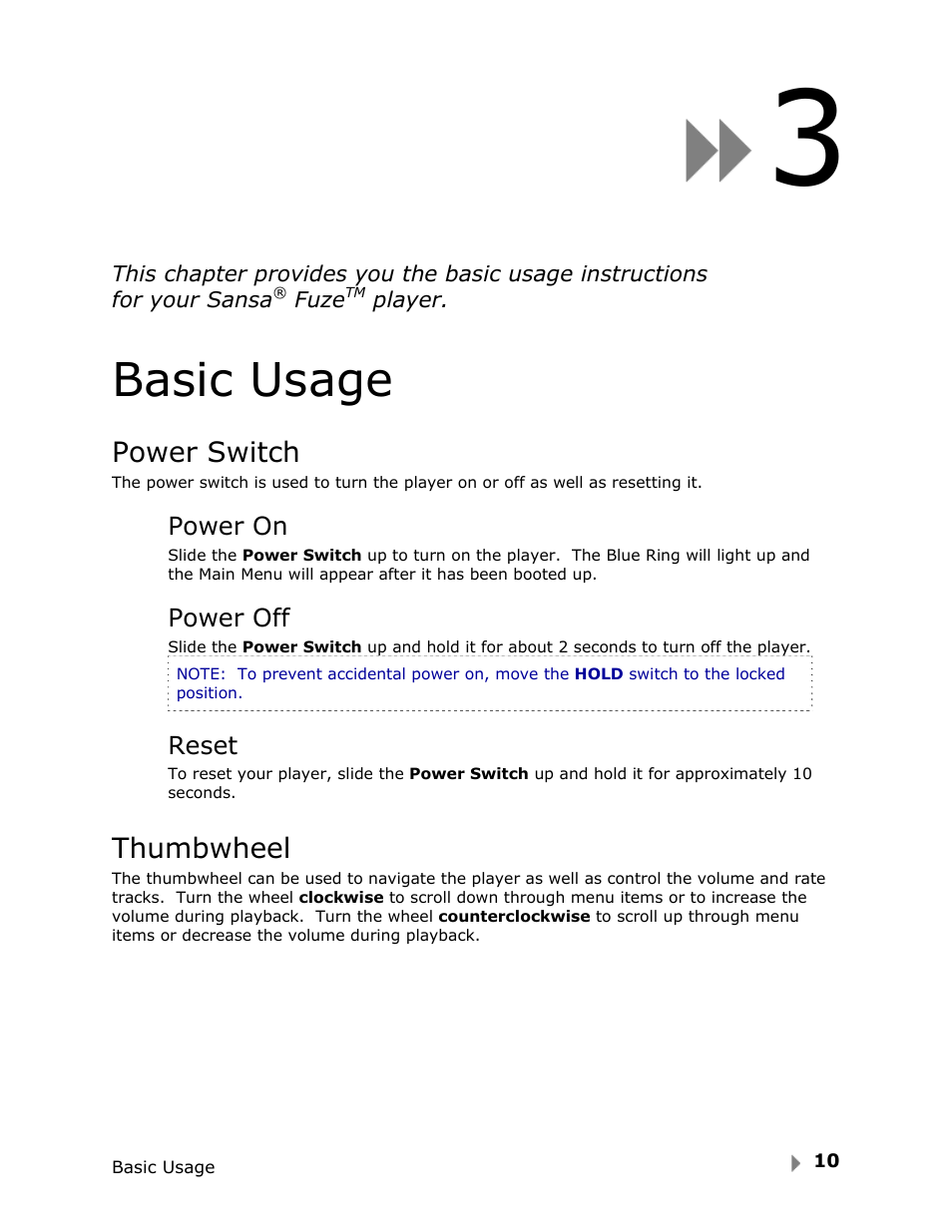 Basic usage, Power switch, Thumbwheel | SanDisk Fuze User Manual | Page 12 / 38