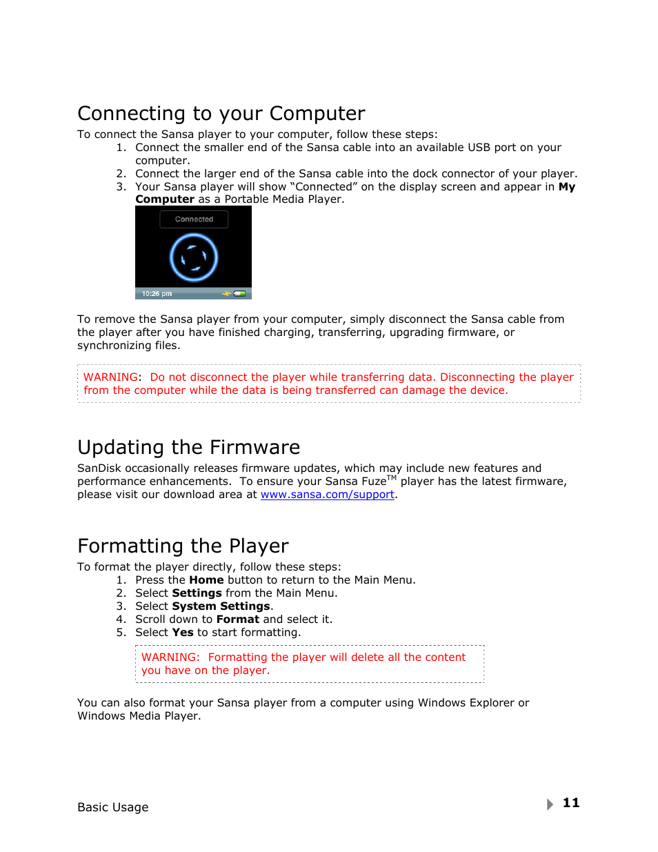 Connecting to your computer, Updating the firmware, Formatting the player | SanDisk Fuze User Manual | Page 13 / 38