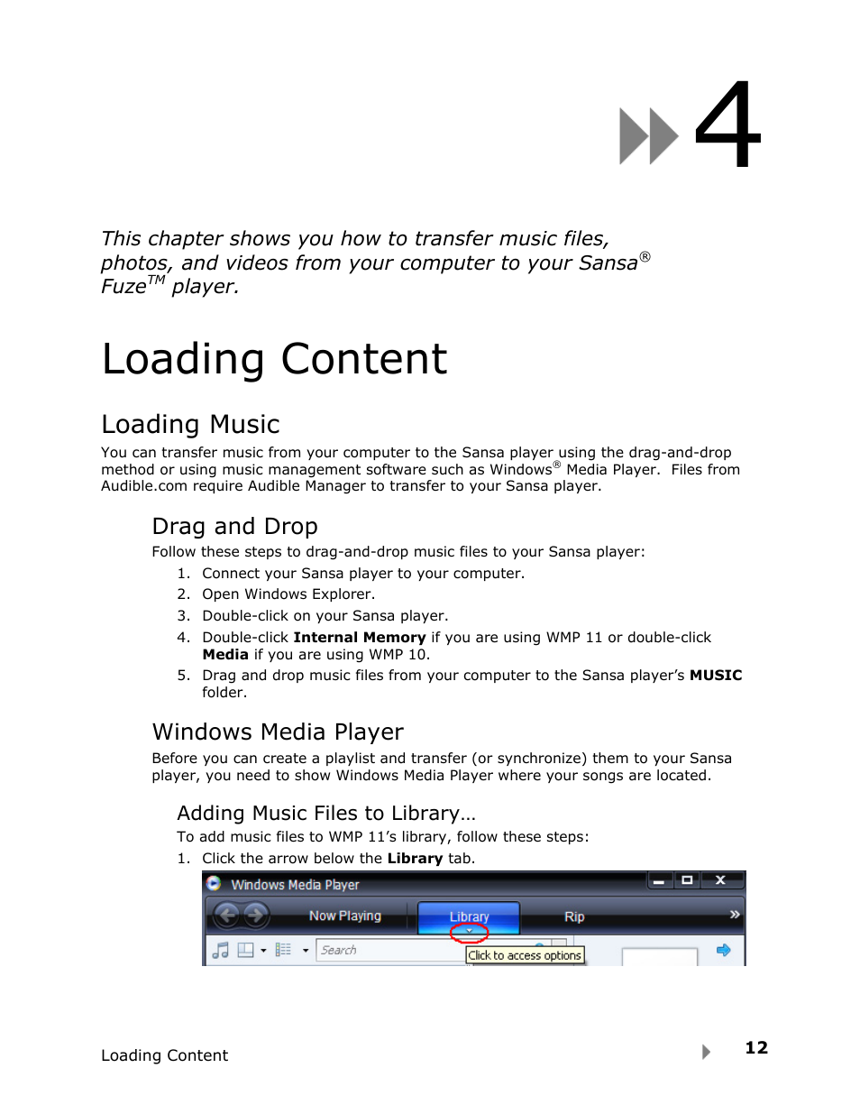 Loading content, Loading music | SanDisk Fuze User Manual | Page 14 / 38