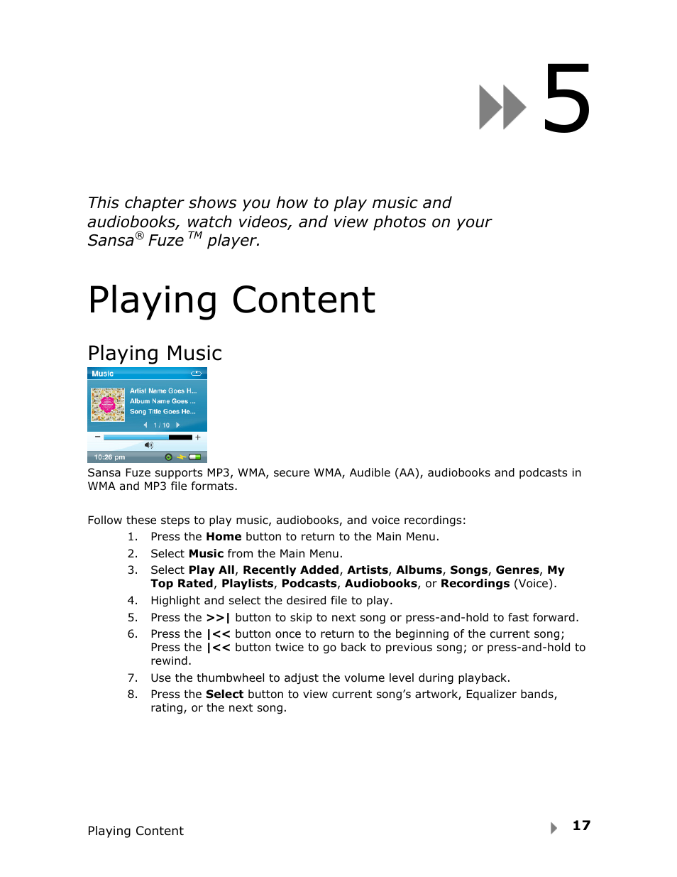 Playing content, Playing music | SanDisk Fuze User Manual | Page 19 / 38