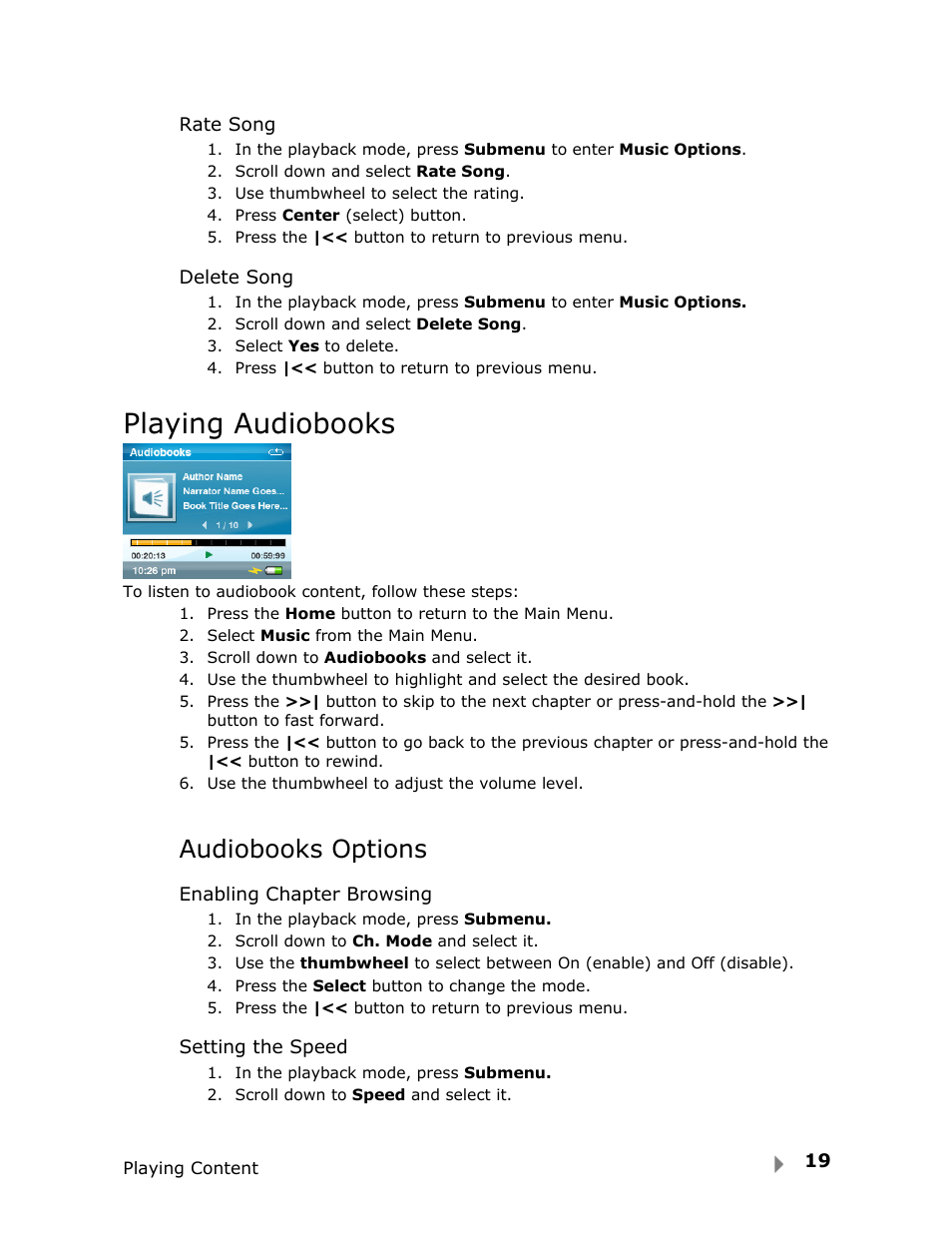 Playing audiobooks, Audiobooks options | SanDisk Fuze User Manual | Page 21 / 38