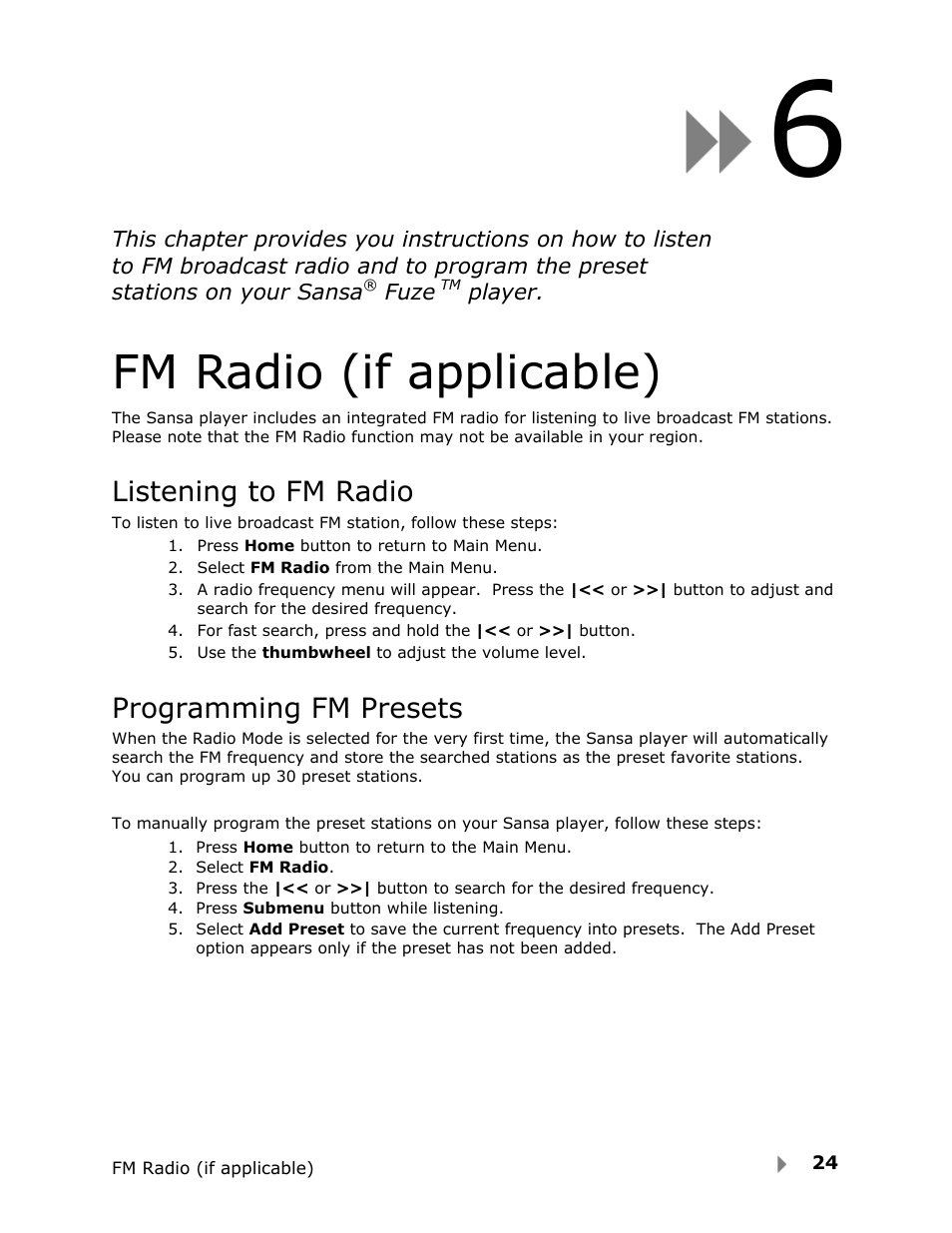 Fm radio (if applicable), Listening to fm radio, Programming fm presets | SanDisk Fuze User Manual | Page 26 / 38