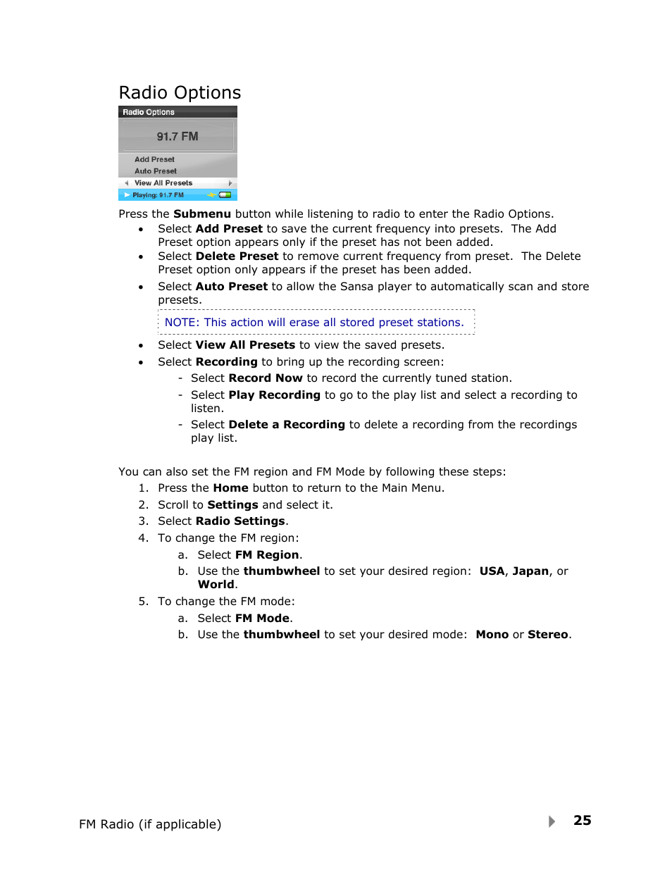 Radio options | SanDisk Fuze User Manual | Page 27 / 38