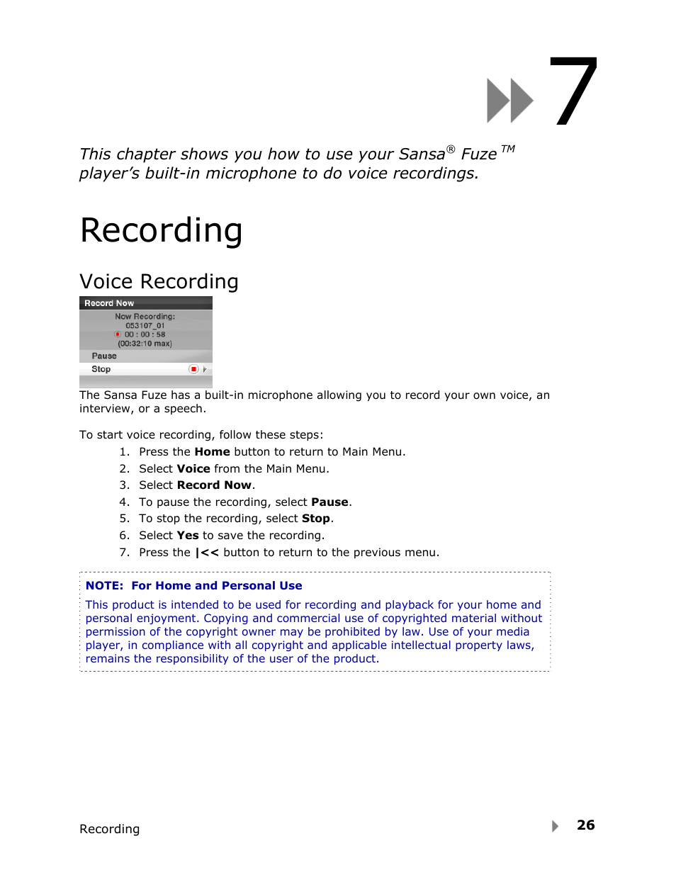 Recording, Voice recording | SanDisk Fuze User Manual | Page 28 / 38