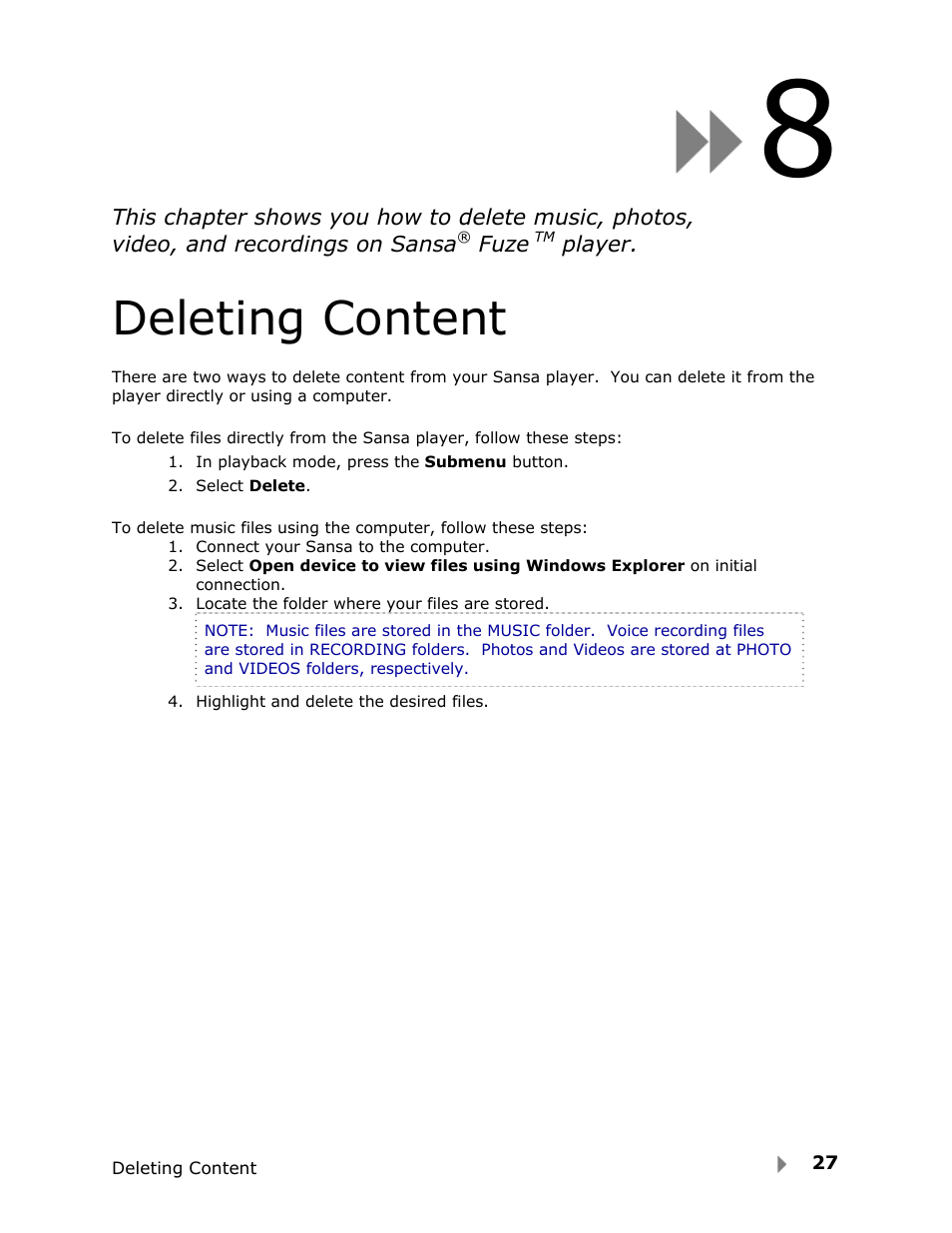 Deleting content | SanDisk Fuze User Manual | Page 29 / 38