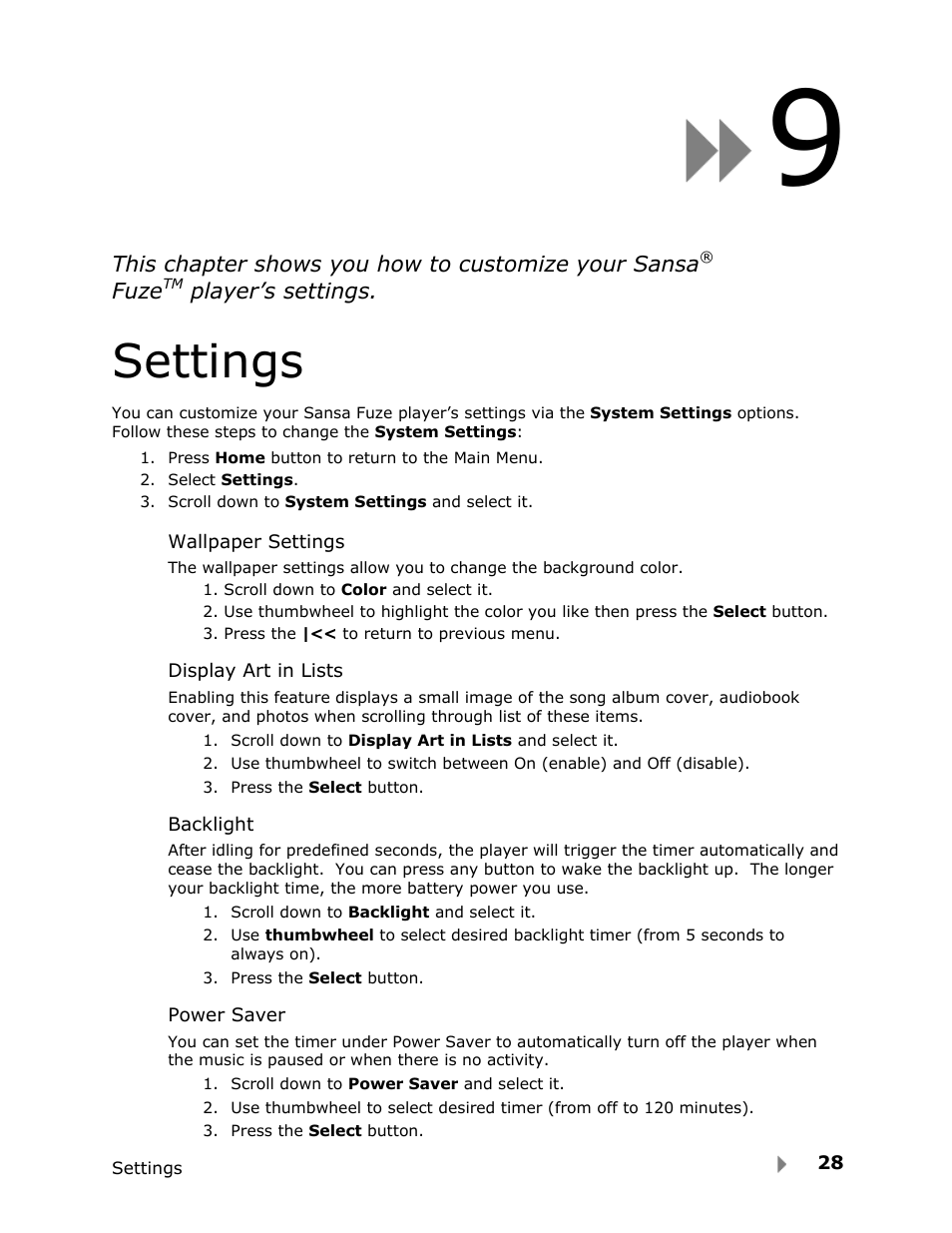 Settings | SanDisk Fuze User Manual | Page 30 / 38
