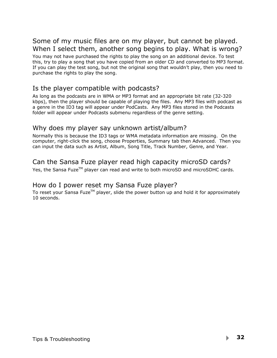 Is the player compatible with podcasts, Why does my player say unknown artist/album, How do i power reset my sansa fuze player | SanDisk Fuze User Manual | Page 34 / 38