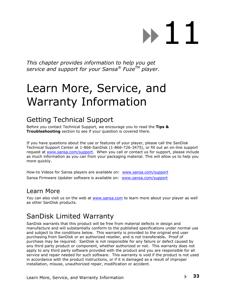 Learn more, service, and warranty information, Getting technical support, Sandisk limited warranty | SanDisk Fuze User Manual | Page 35 / 38