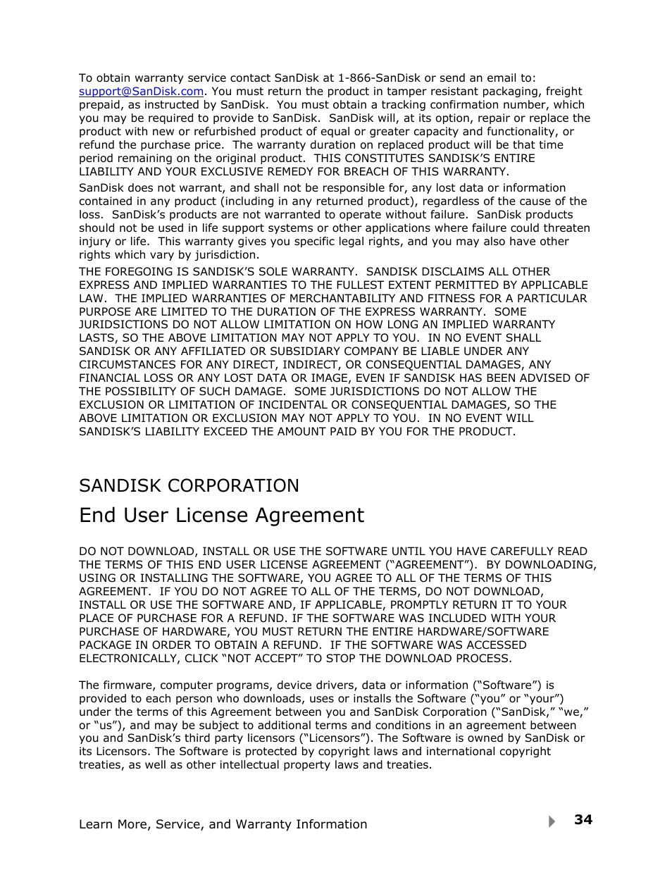End user license agreement, Sandisk corporation | SanDisk Fuze User Manual | Page 36 / 38