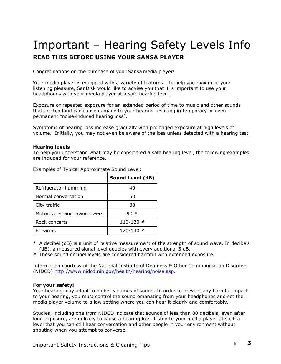 Important – hearing safety levels info | SanDisk Fuze User Manual | Page 5 / 38