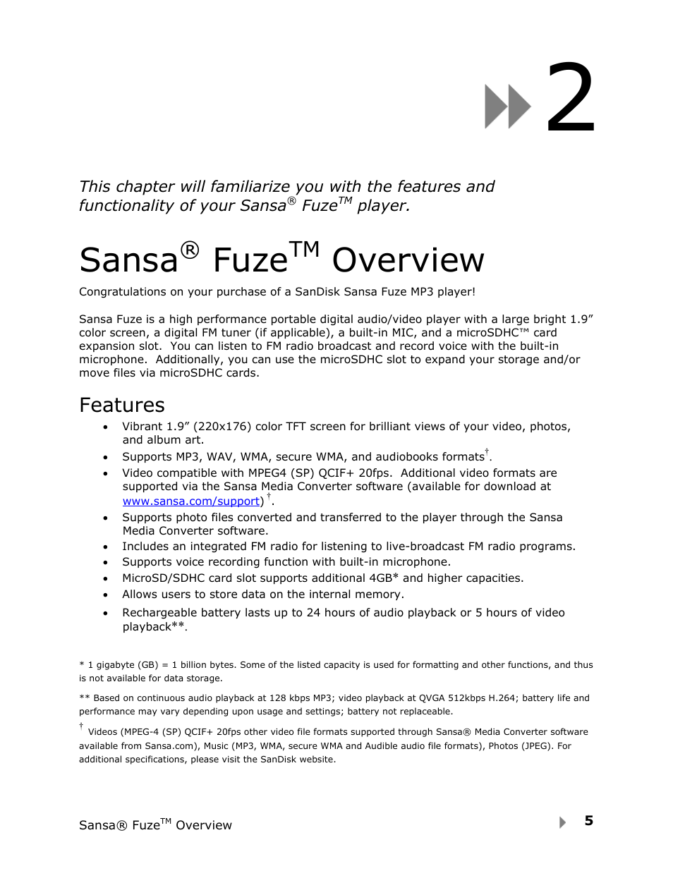 Sansa, Fuze, Overview | Features | SanDisk Fuze User Manual | Page 7 / 38