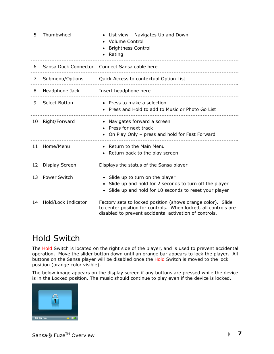Hold switch | SanDisk Fuze User Manual | Page 9 / 38