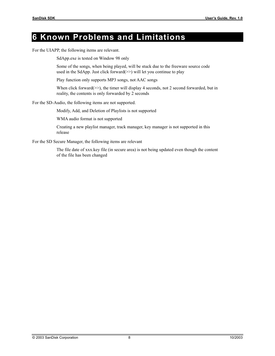 6 known problems and limitations | SanDisk SD AUDIO SDDK-07 User Manual | Page 11 / 12