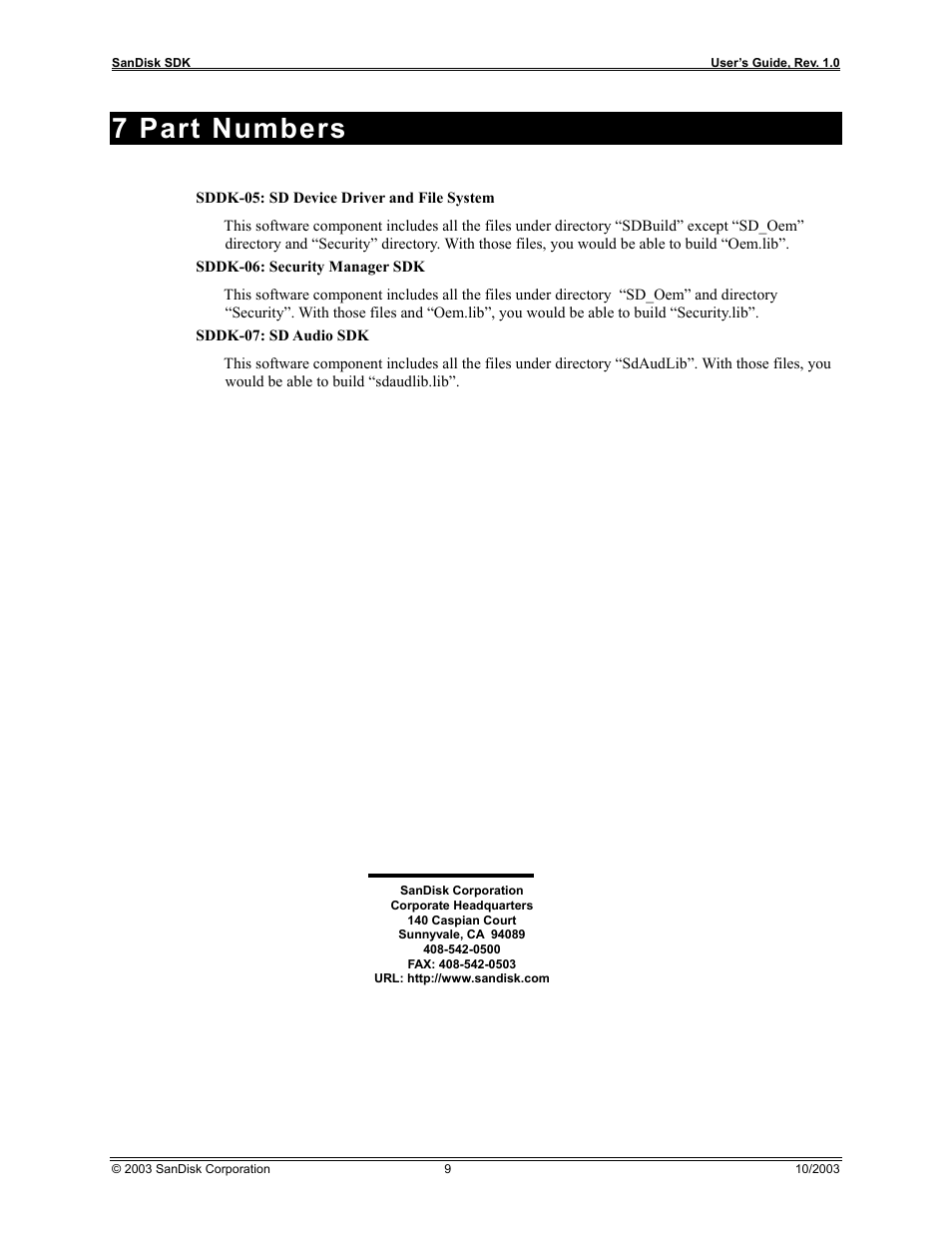 7 part numbers | SanDisk SD AUDIO SDDK-07 User Manual | Page 12 / 12