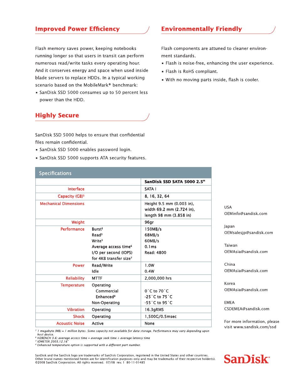 Specifi cations | SanDisk SSD 5000 User Manual | Page 2 / 2