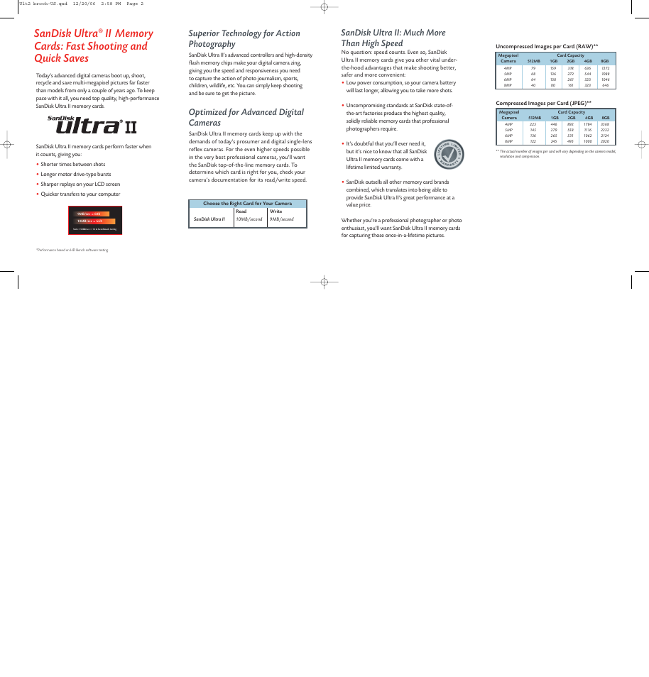 Sandisk ultra, Superior technology for action photography, Optimized for advanced digital cameras | Sandisk ultra ii: much more than high speed | SanDisk 80-11-00893 User Manual | Page 2 / 2