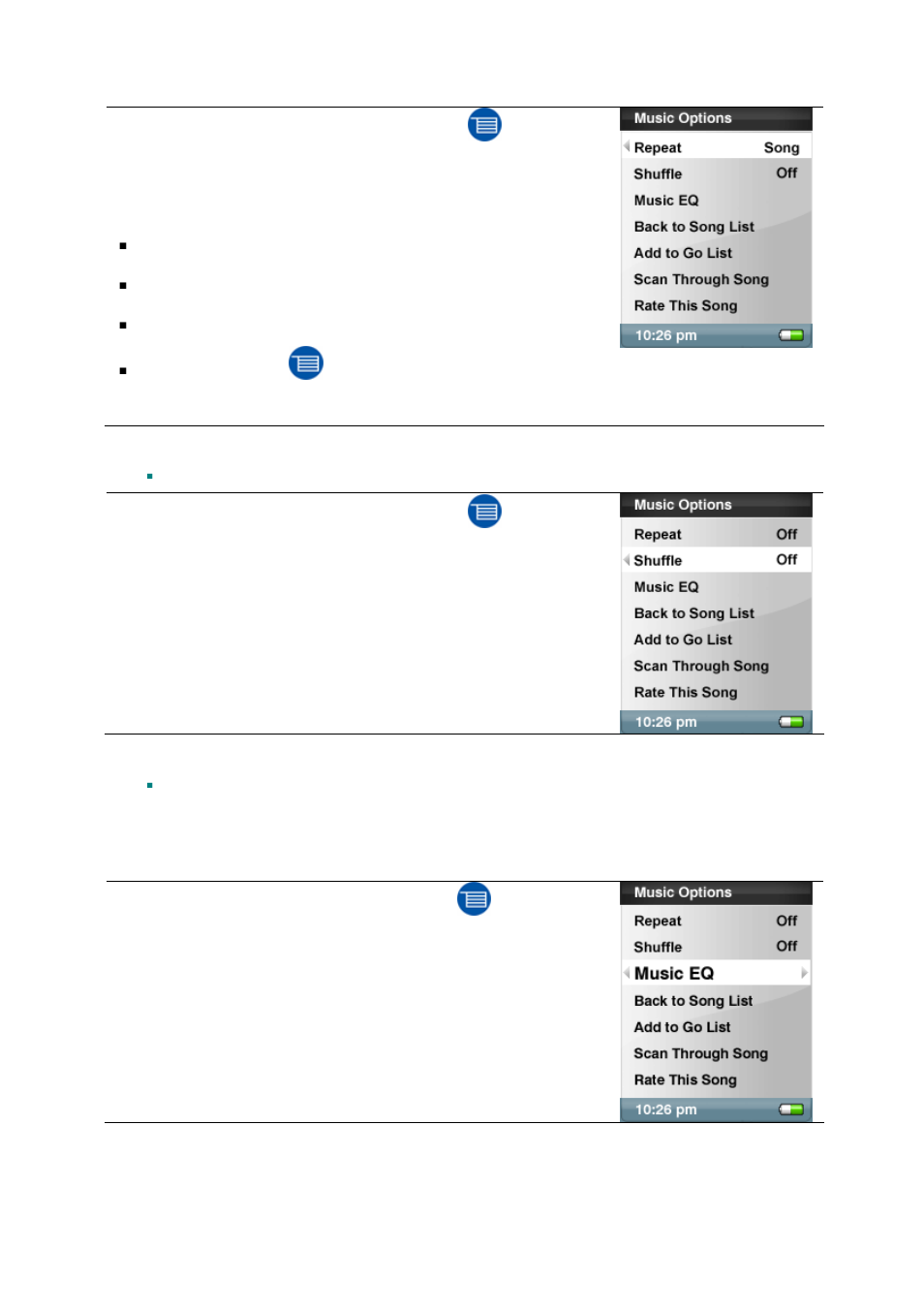Setting shuffle mode, Setting music eq | SanDisk SANSATM E200 User Manual | Page 19 / 44