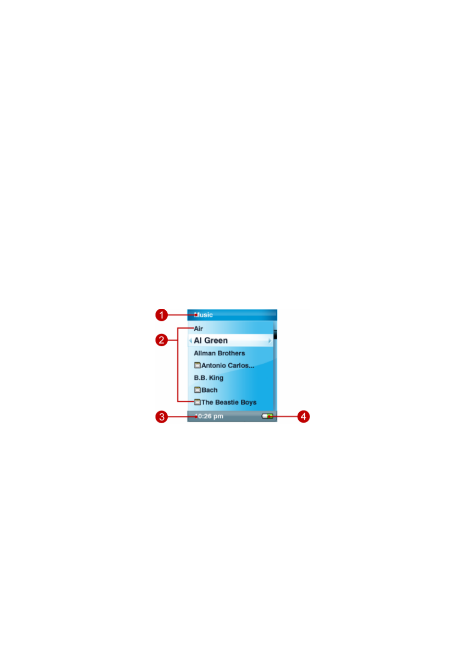 Music screen features | SanDisk SANSATM E200 User Manual | Page 8 / 44