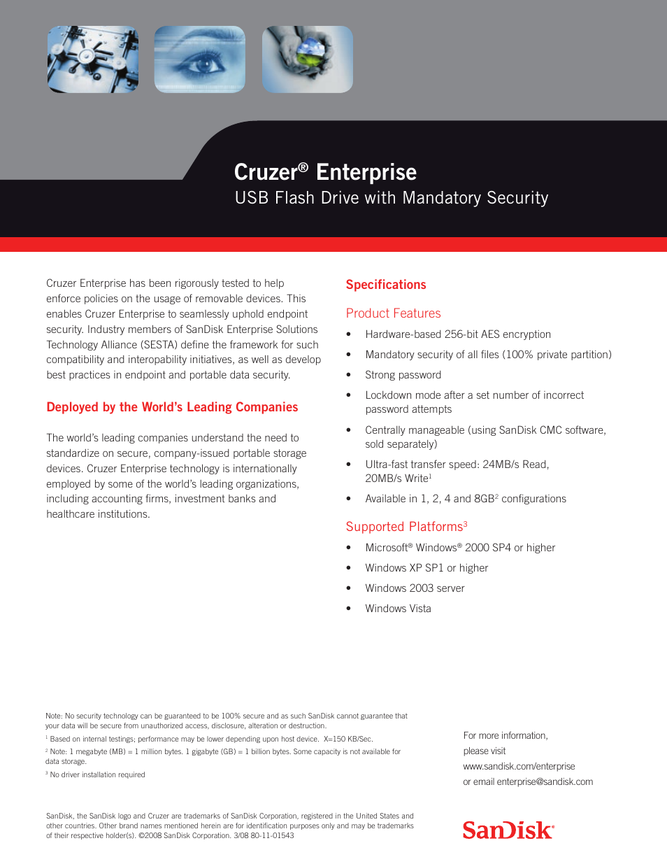 Cruzer, Enterprise, Usb flash drive with mandatory security | Deployed by the world’s leading companies, Specifications product features, Supported platforms | SanDisk 80-11-01543 User Manual | Page 2 / 2